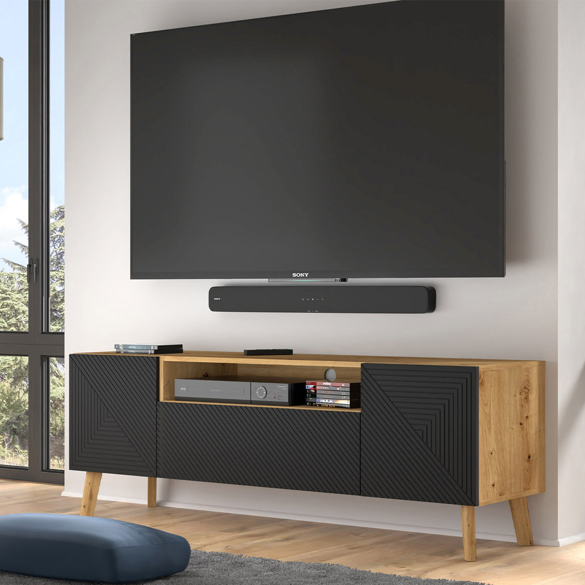 Meuble TV 3 portes 160 cm Nexa Bois et Noir - vue 3