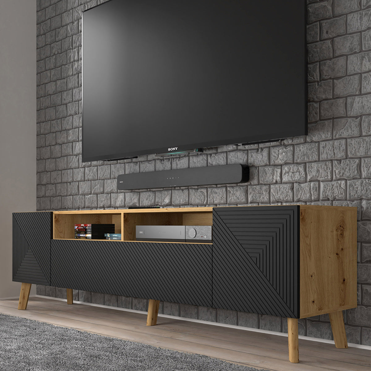 Meuble TV 3 portes 195 cm Nexa Bois et Noir - vue 3