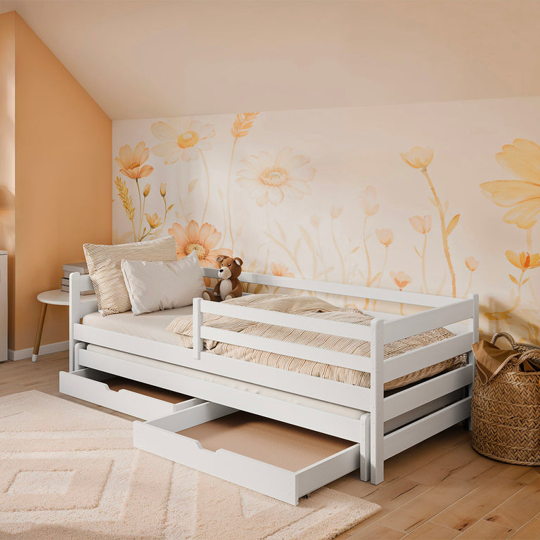 Lit 90x200 sommier lit gigogne et tiroirs inclus Abi Blanc - vue 3