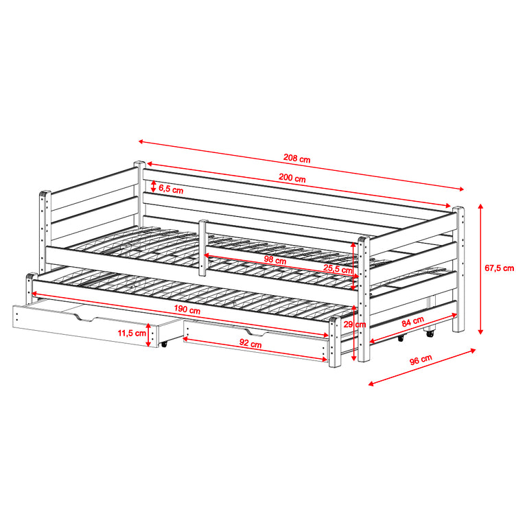 Lit 90x200 sommier lit gigogne et tiroirs inclus Abi Blanc - vue 5
