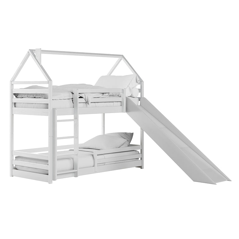 Lit cabane superposé 90x190 au sol toboggan et sommier inclus Aurélien Blanc - vue 2