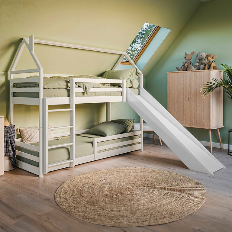 Lit cabane superposé 90x200 au sol toboggan et sommier inclus Aurélien Blanc