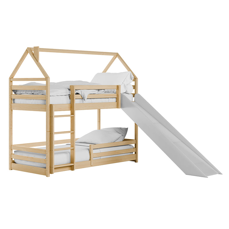 Lit cabane superposé 90x200 au sol toboggan et sommier inclus Aurélien Bois et Blanc - vue 2