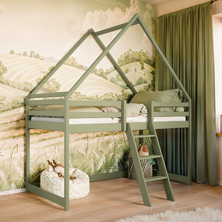 Lit cabane mi-hauteur 90x200 sommier inclus Coraline Olive