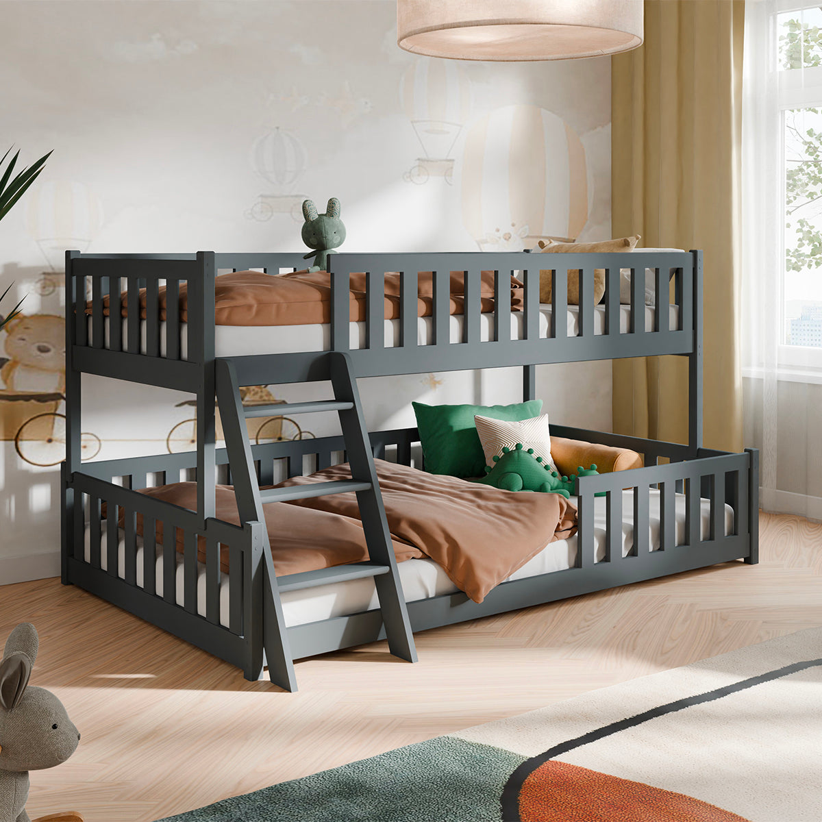 Lit superposé 90-120x200 au sol sommiers inclus Léane Anthracite