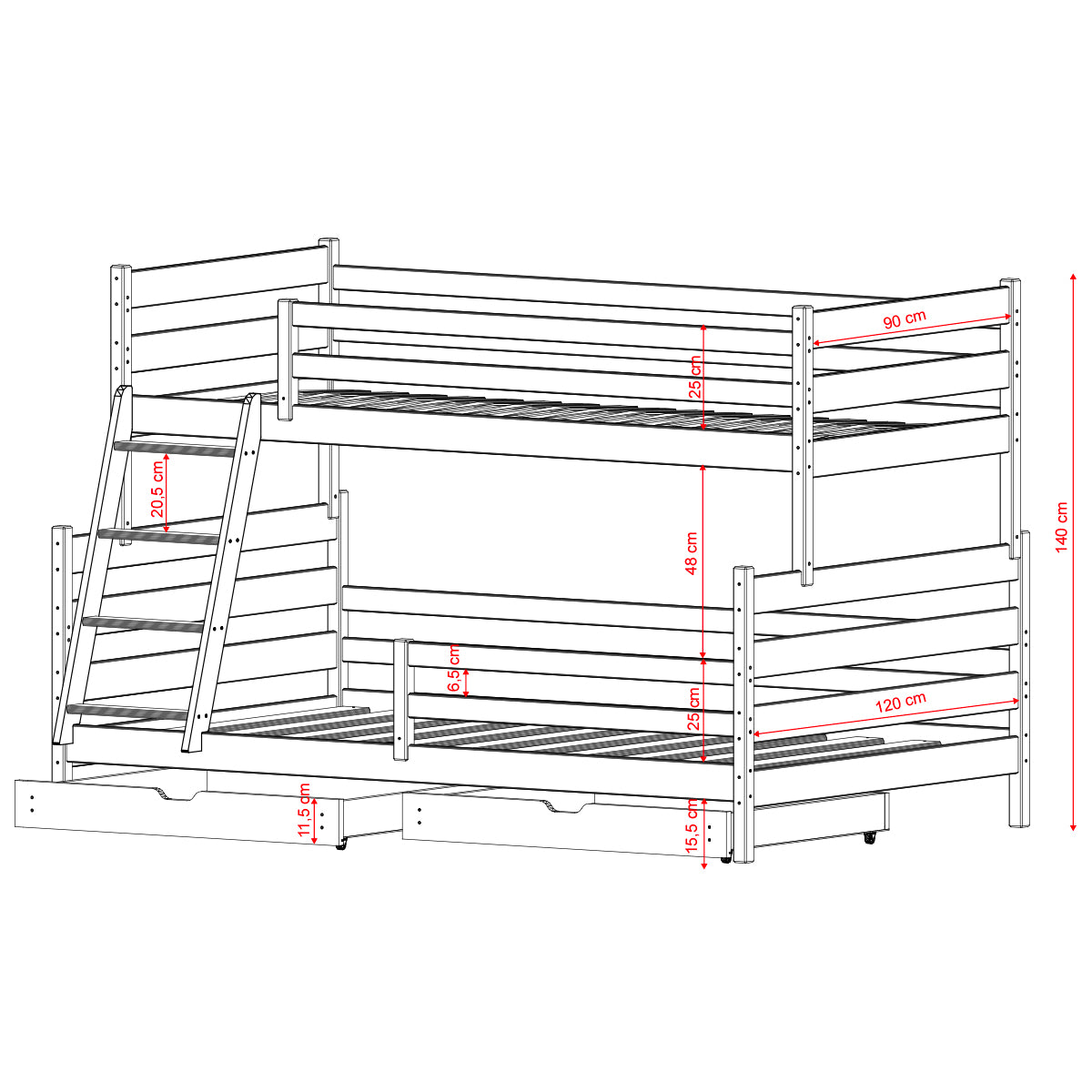 Lit superposé 90-120x200 sommiers et tiroirs inclus Léo Blanc - vue 4