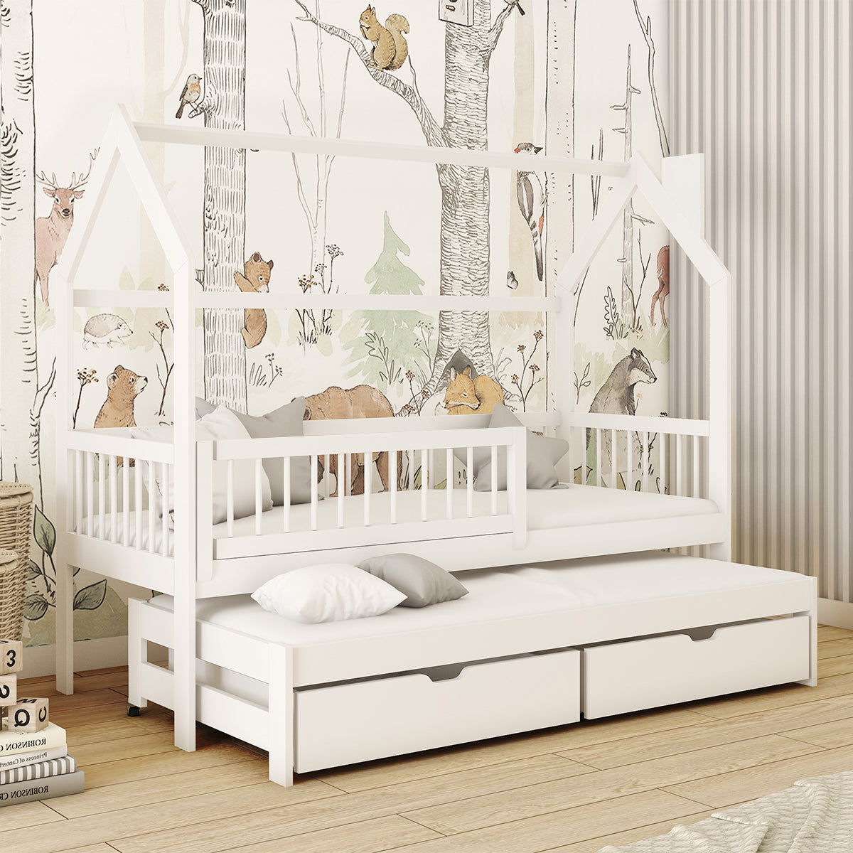 Lit cabane 90x200 sommiers lit gigogne et tiroirs Lino Blanc