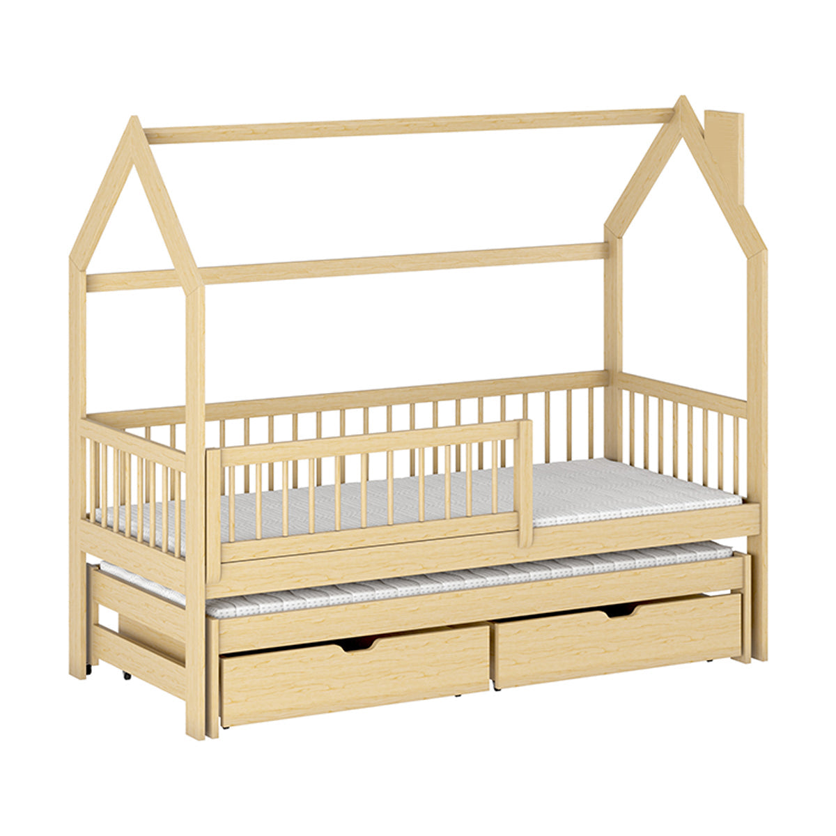 Lit cabane 90x200 sommiers lit gigogne et tiroirs Lino Bois - vue 2