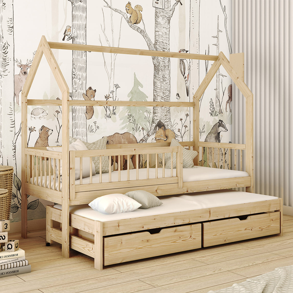 Lit cabane 90x190 sommiers lit gigogne et tiroirs Lino Bois