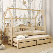 Lit cabane 90x190 sommiers lit gigogne et tiroirs Lino Bois