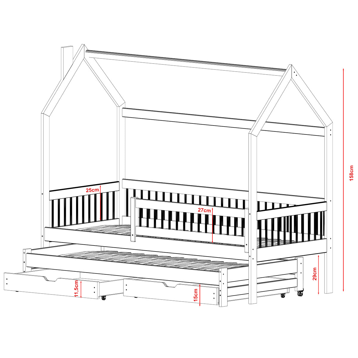 Lit cabane 90x200 sommiers lit gigogne et tiroirs Lino Blanc - vue 3