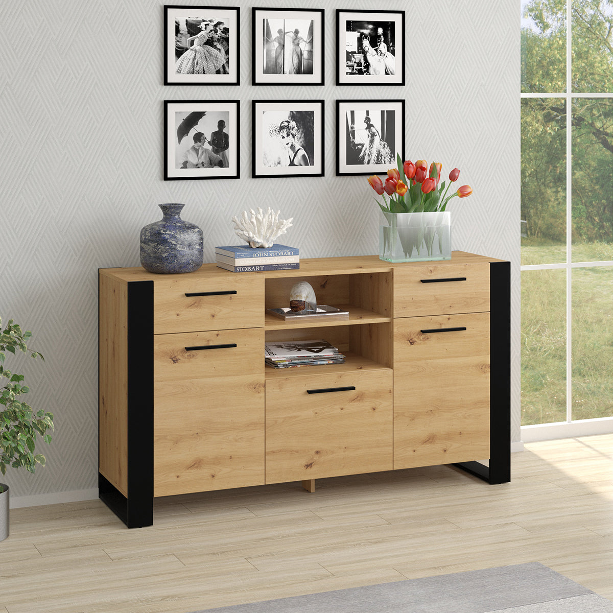 Buffet 3 portes 2 tiroirs Nouka Bois et Noir - vue 3