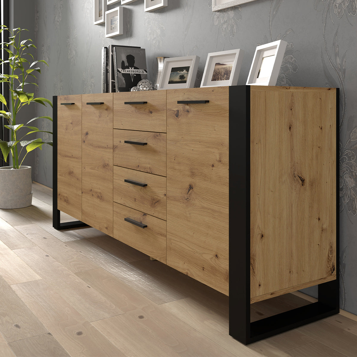 Buffet 3 portes 4 tiroirs Nouka Bois et Noir - vue 3