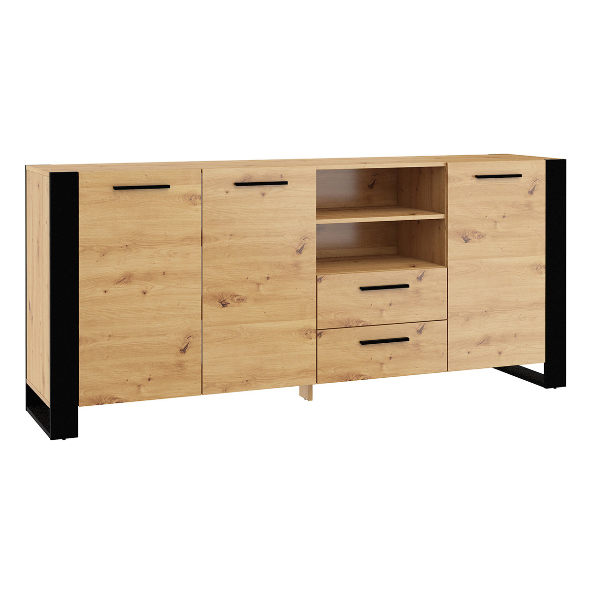 Buffet long 3 portes 2 tiroirs Nouka Bois et Noir