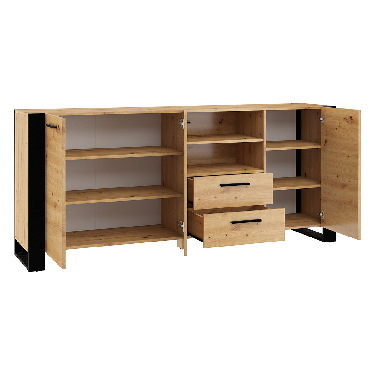 Buffet long 3 portes 2 tiroirs Nouka Bois et Noir - vue 2