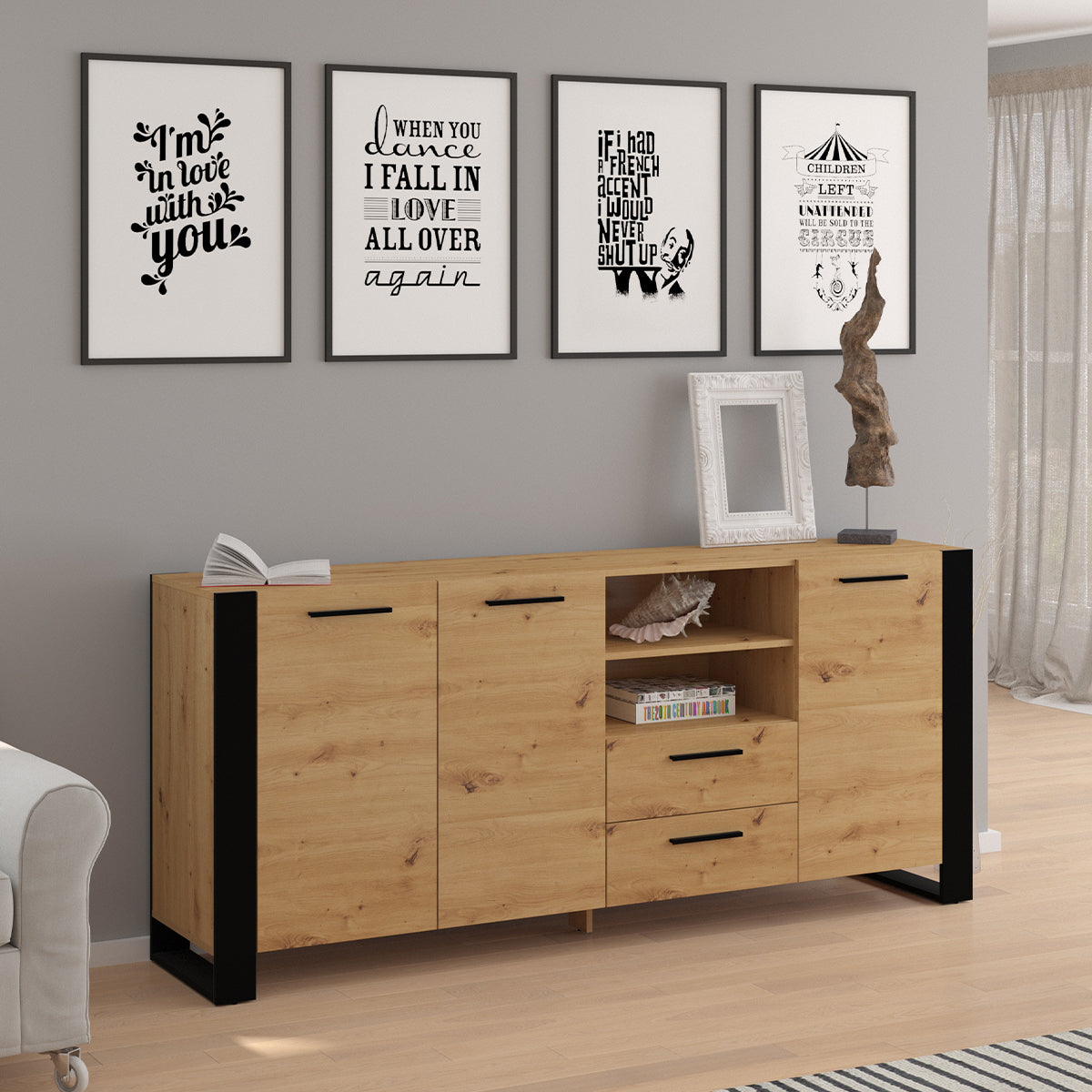 Buffet long 3 portes 2 tiroirs Nouka Bois et Noir - vue 3