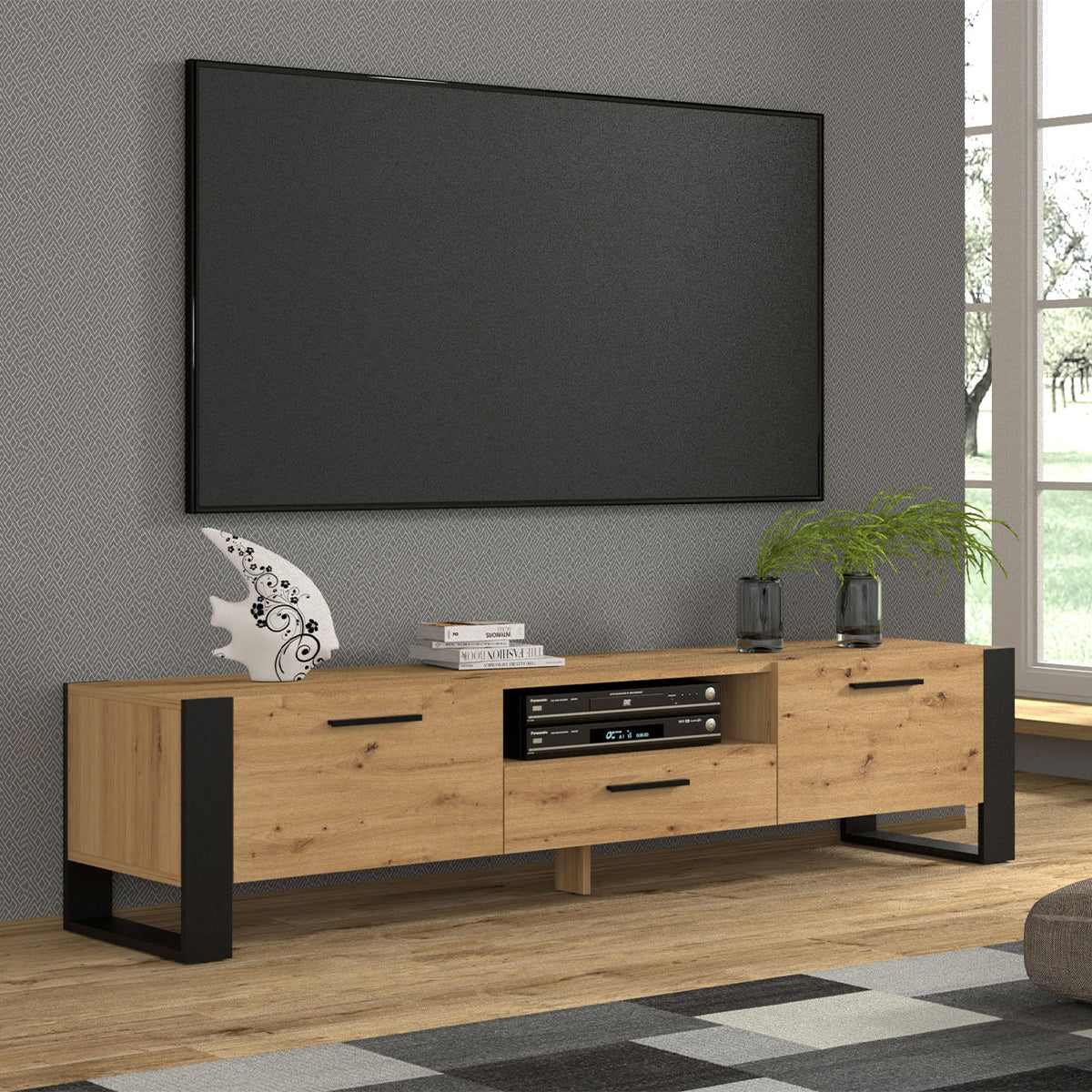 Meuble TV 3 portes 200 cm Nouka Bois et Noir - vue 3