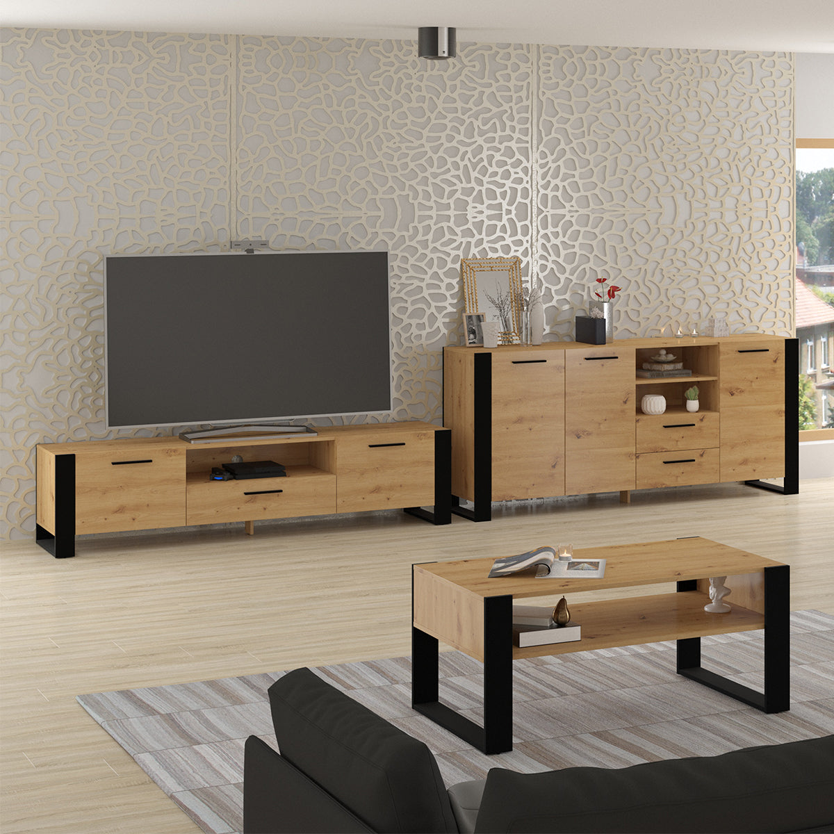 Meuble TV 3 portes 200 cm Nouka Bois et Noir - vue 4