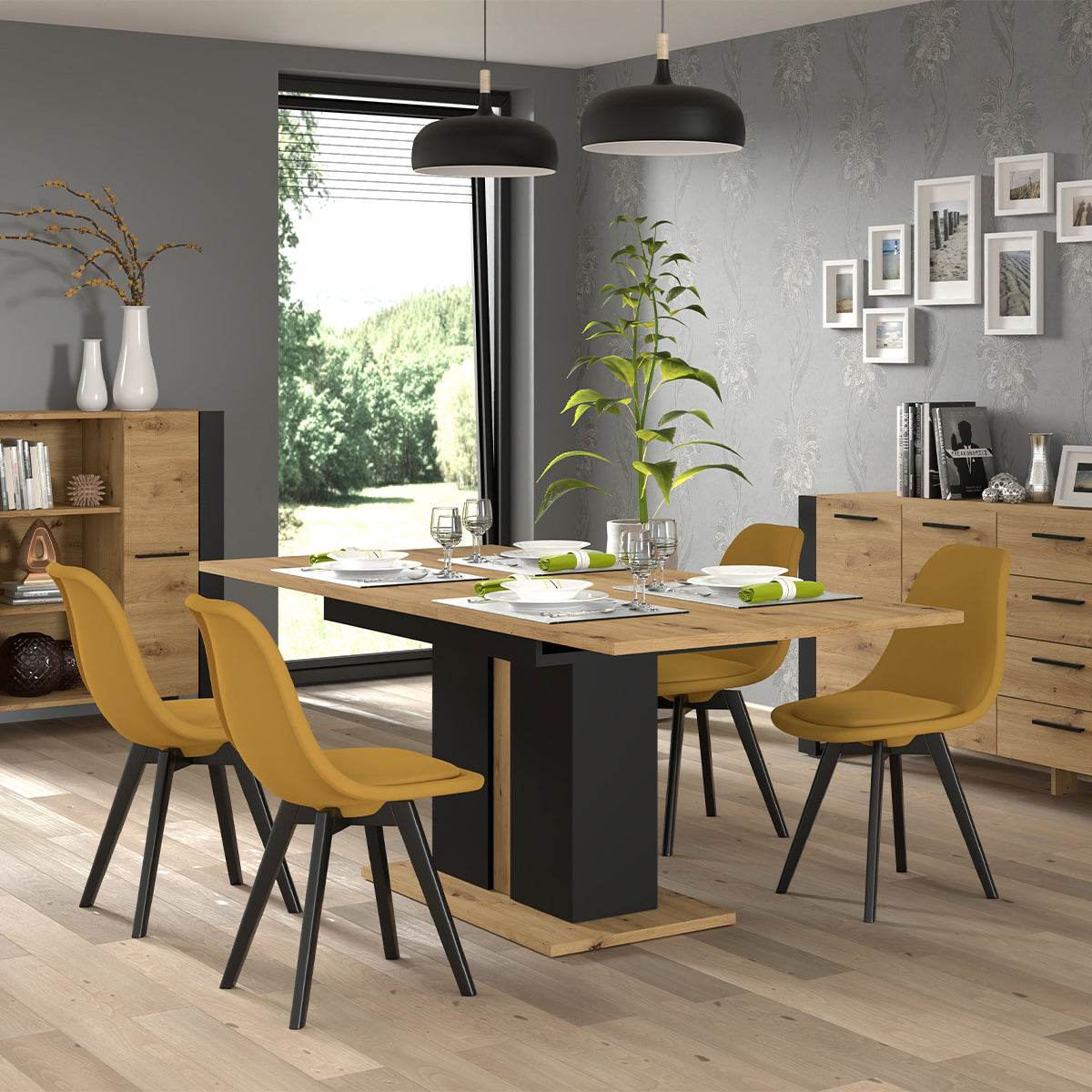 Table à manger extensible 1 pied 4 à 8 places Nouka Bois et Noir - vue 3