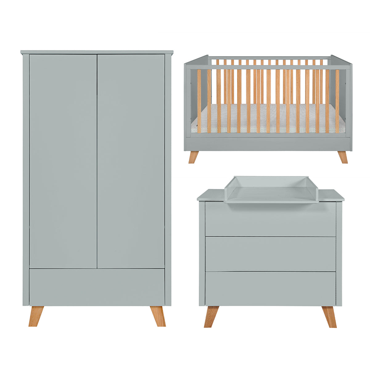 Chambre complète lit évolutif 70x140 commode à langer et armoire 2 portes Novelies Zara Gris - vue 2
