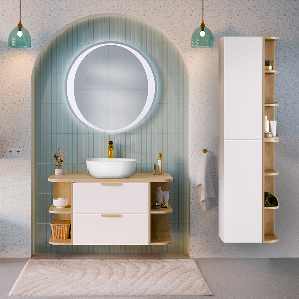 Ensemble meuble sous-vasque 100cm niches arrondies et colonne Oria Blanc mat - vue 7