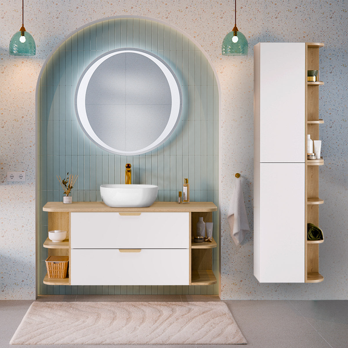 Meuble sous-vasque 120cm niches arrondies plan de toilette Oria Blanc mat - vue 4