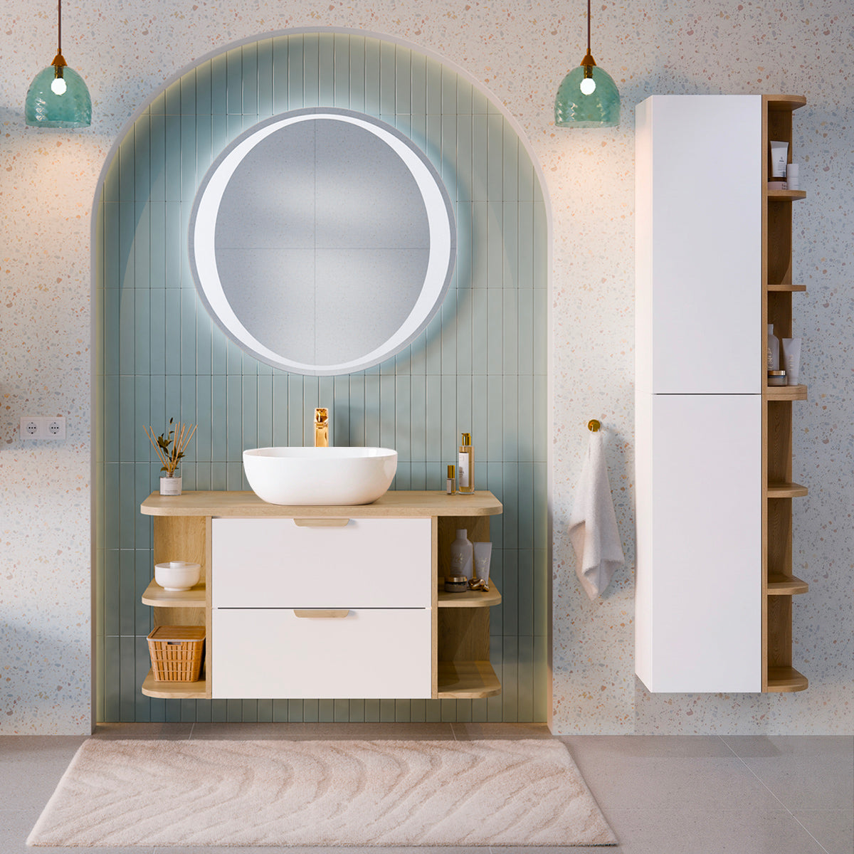 Ensemble meuble simple vasque 100cm niches arrondies et colonne Oria Blanc mat