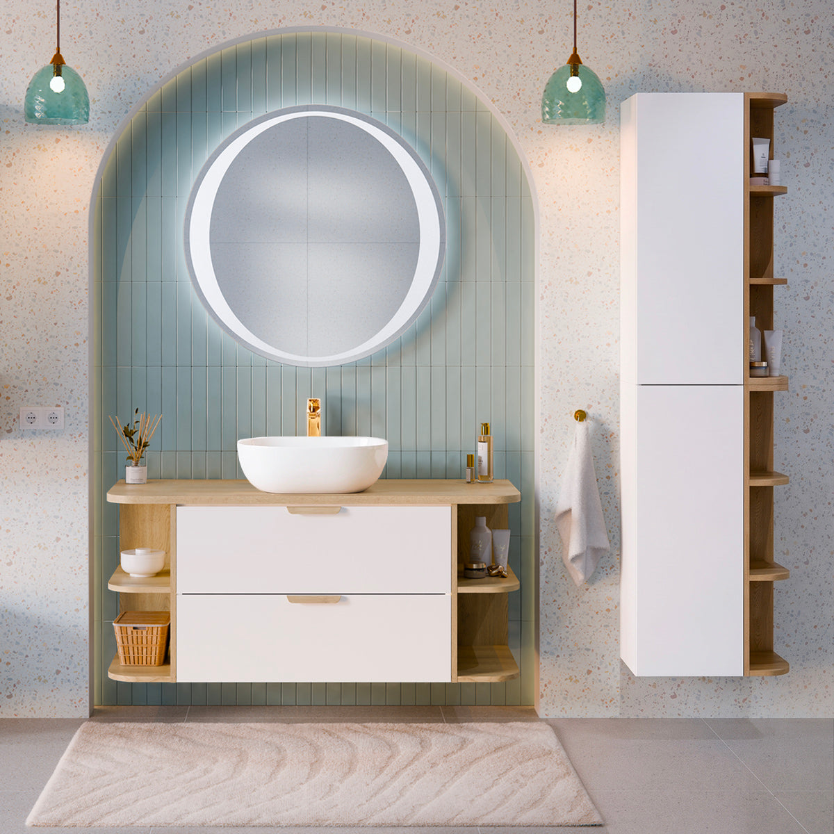 Ensemble meuble simple vasque 120cm niches arrondies et colonne Oria Blanc mat