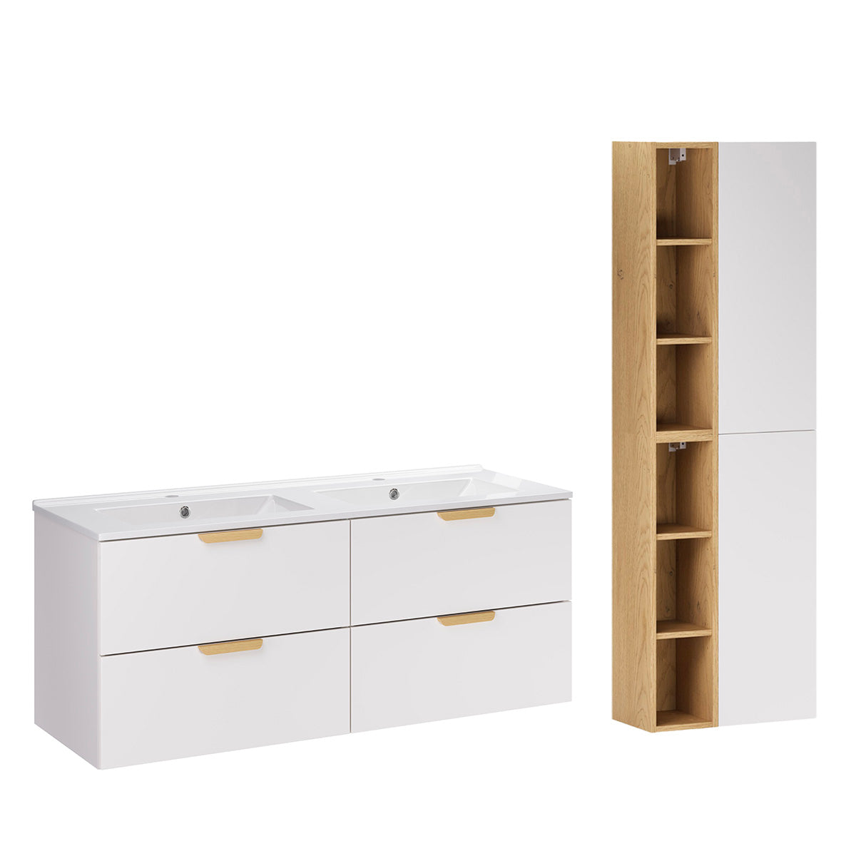 Ensemble meuble double vasque encastrée 120cm et colonne Oria Blanc mat - vue 2