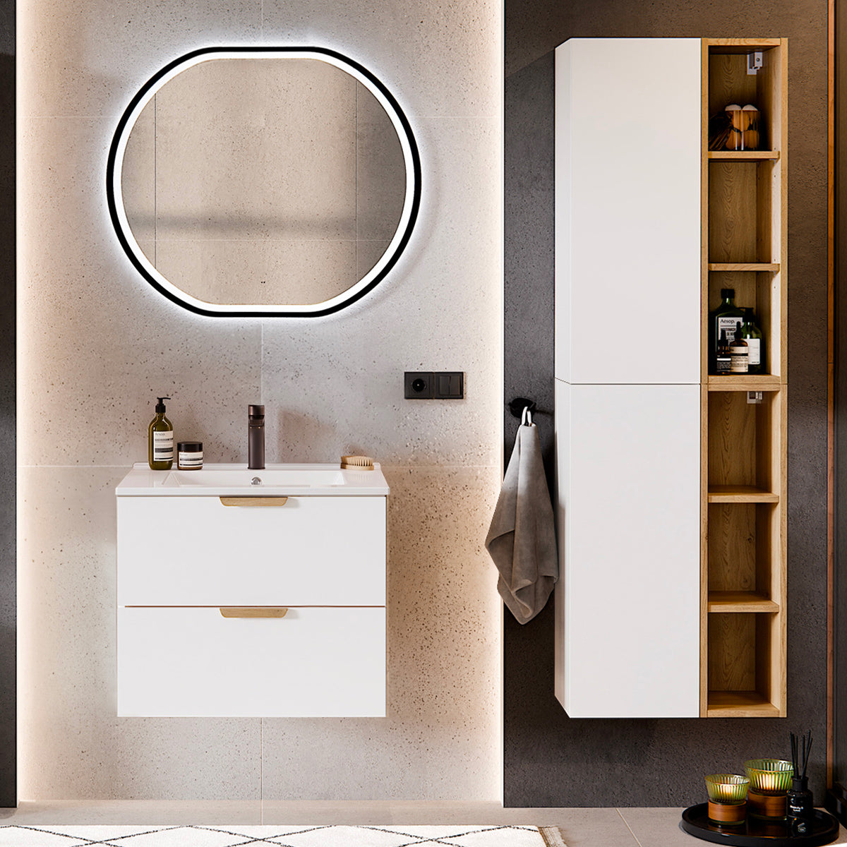 Meuble simple vasque encastrée 60cm Oria Blanc mat