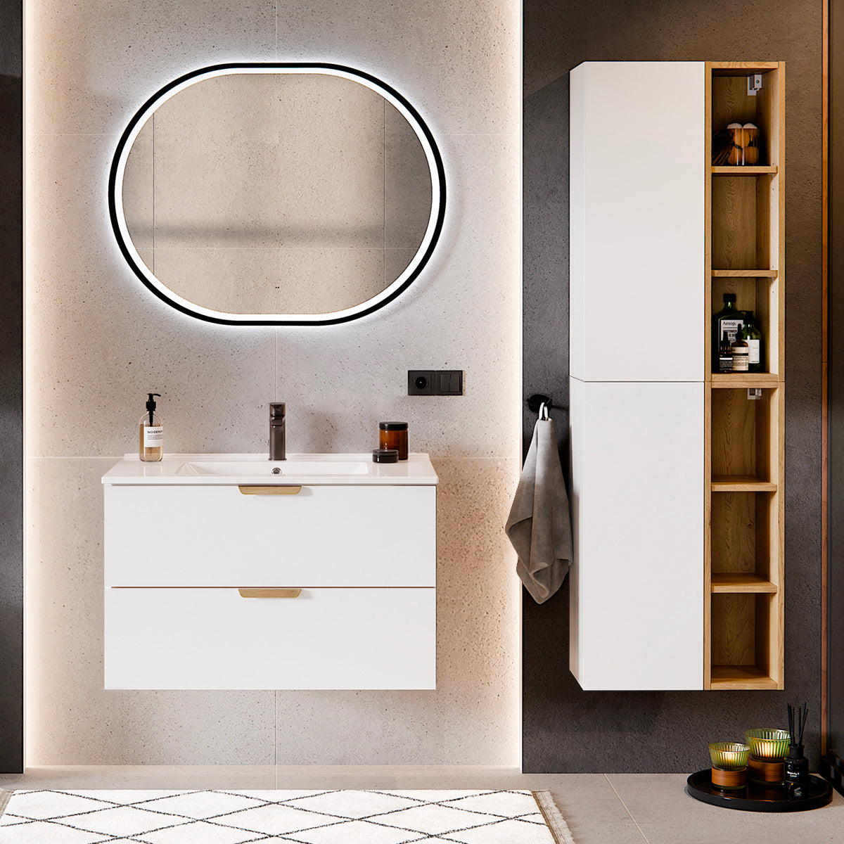 Ensemble meuble simple vasque encastrée 80cm et colonne Oria Blanc mat