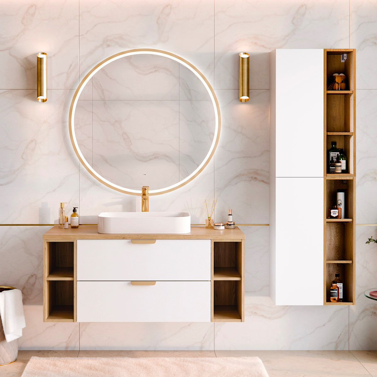 Ensemble meuble sous-vasque 120cm 4 niches et colonne Oria Blanc mat
