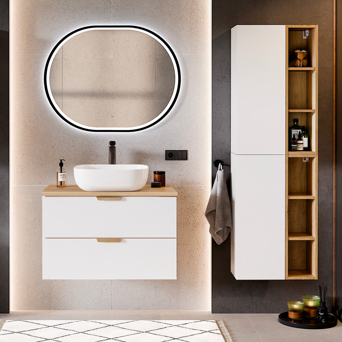 Ensemble meuble simple vasque 80cm et colonne Oria Blanc mat