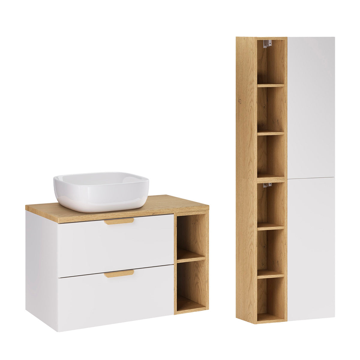 Ensemble meuble simple vasque 80cm 2 niches et colonne Oria Blanc mat