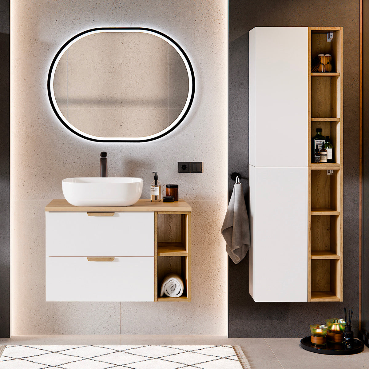 Meuble simple vasque 80cm 2 niches Oria Blanc mat