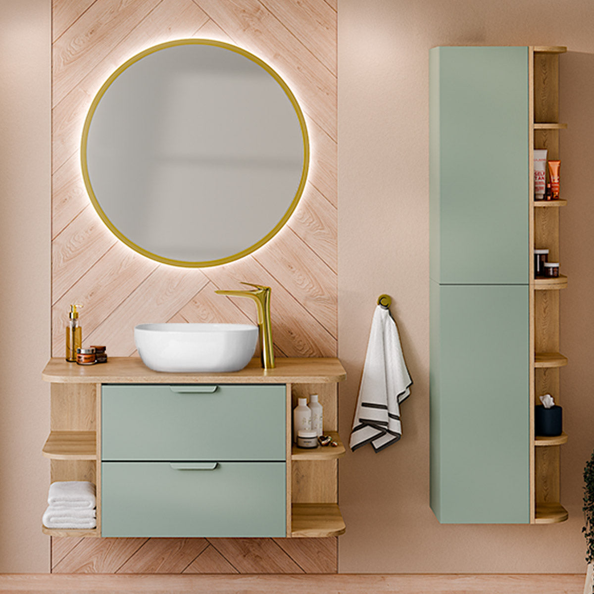 Meuble simple vasque 100cm niches arrondies Oria Vert mat - vue 4
