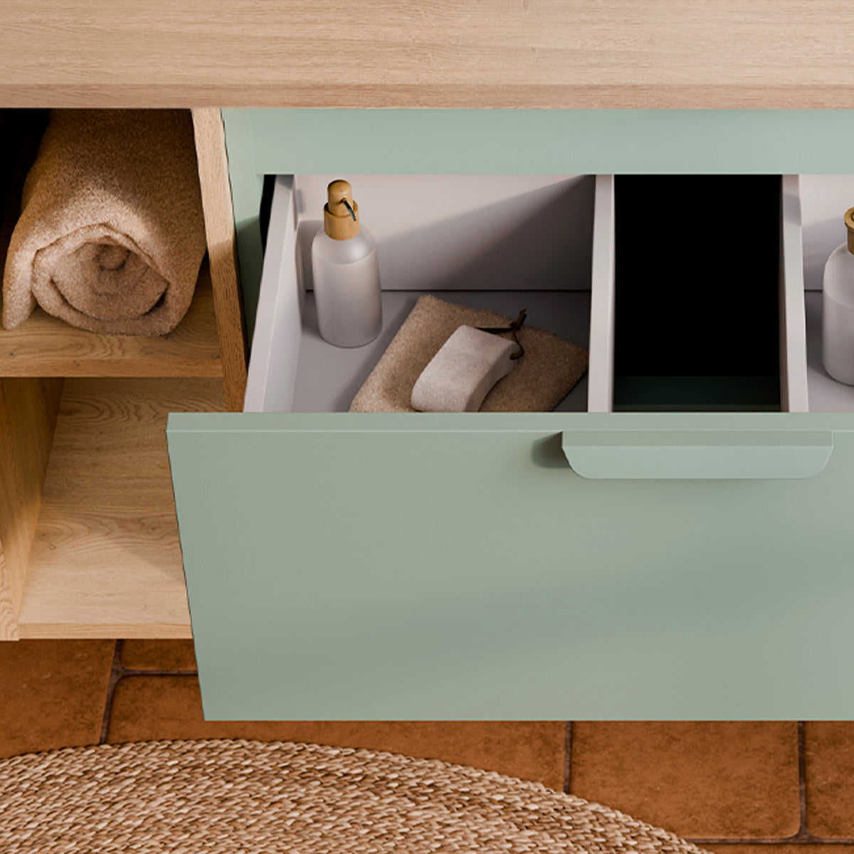 Ensemble meuble simple vasque 120cm 4 niches et colonne Oria Vert mat - vue 7