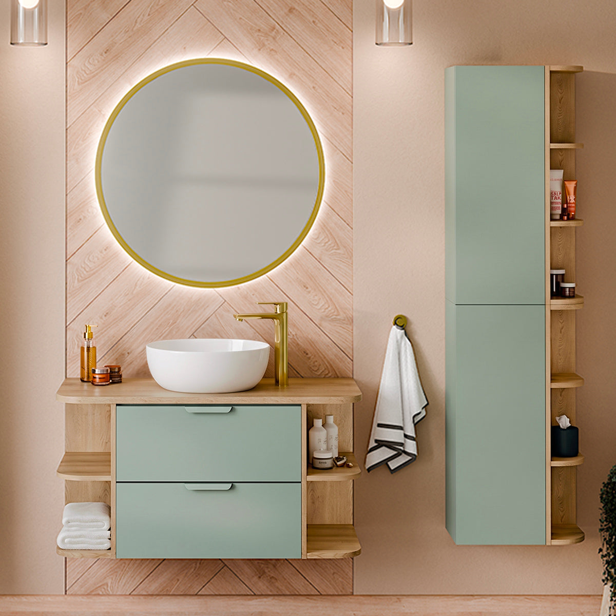 Meuble sous-vasque 100cm niches arrondies plan de toilette Oria Vert mat
