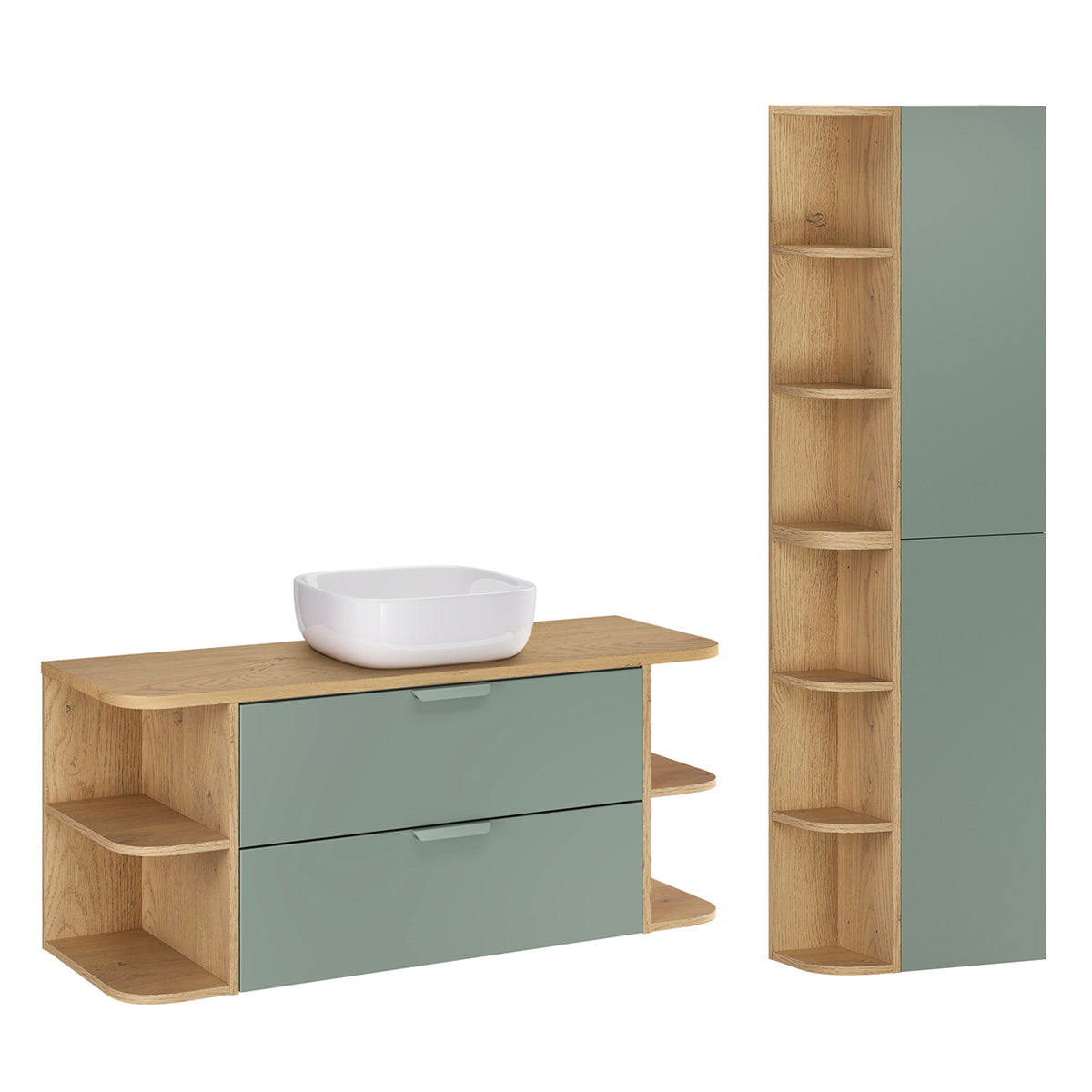 Ensemble meuble simple vasque 120cm niches arrondies et colonne Oria Vert mat