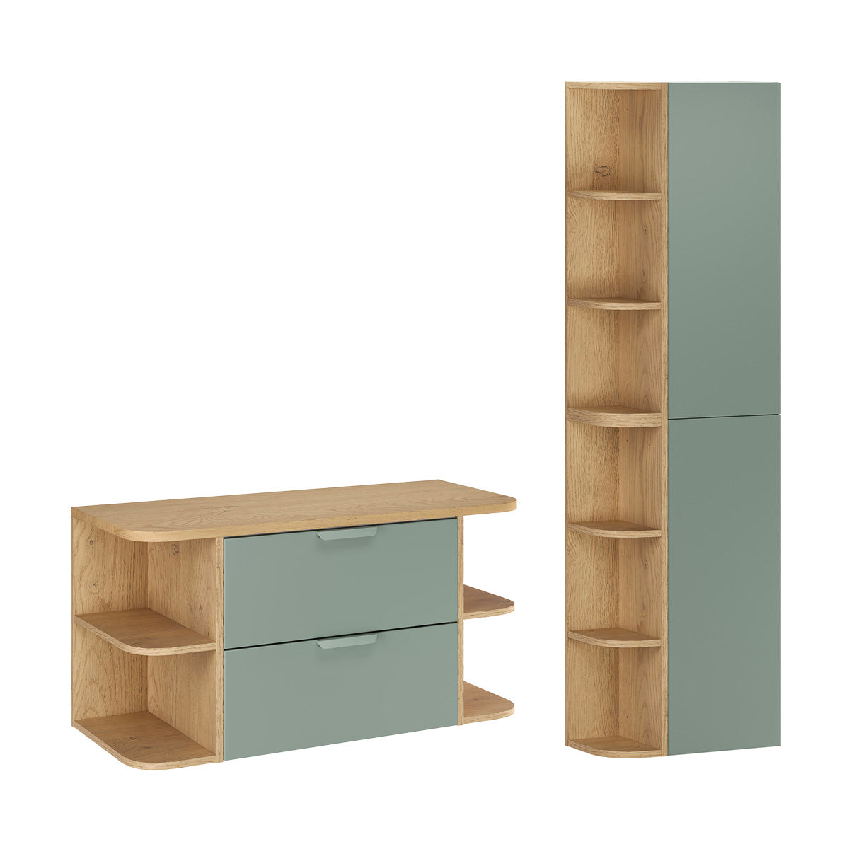 Ensemble meuble sous-vasque 100cm niches arrondies et colonne Oria Vert mat