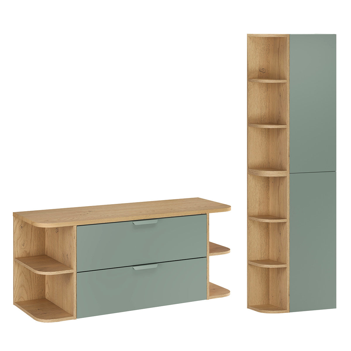 Ensemble meuble sous-vasque 120cm niches arrondies et colonne Oria Vert mat