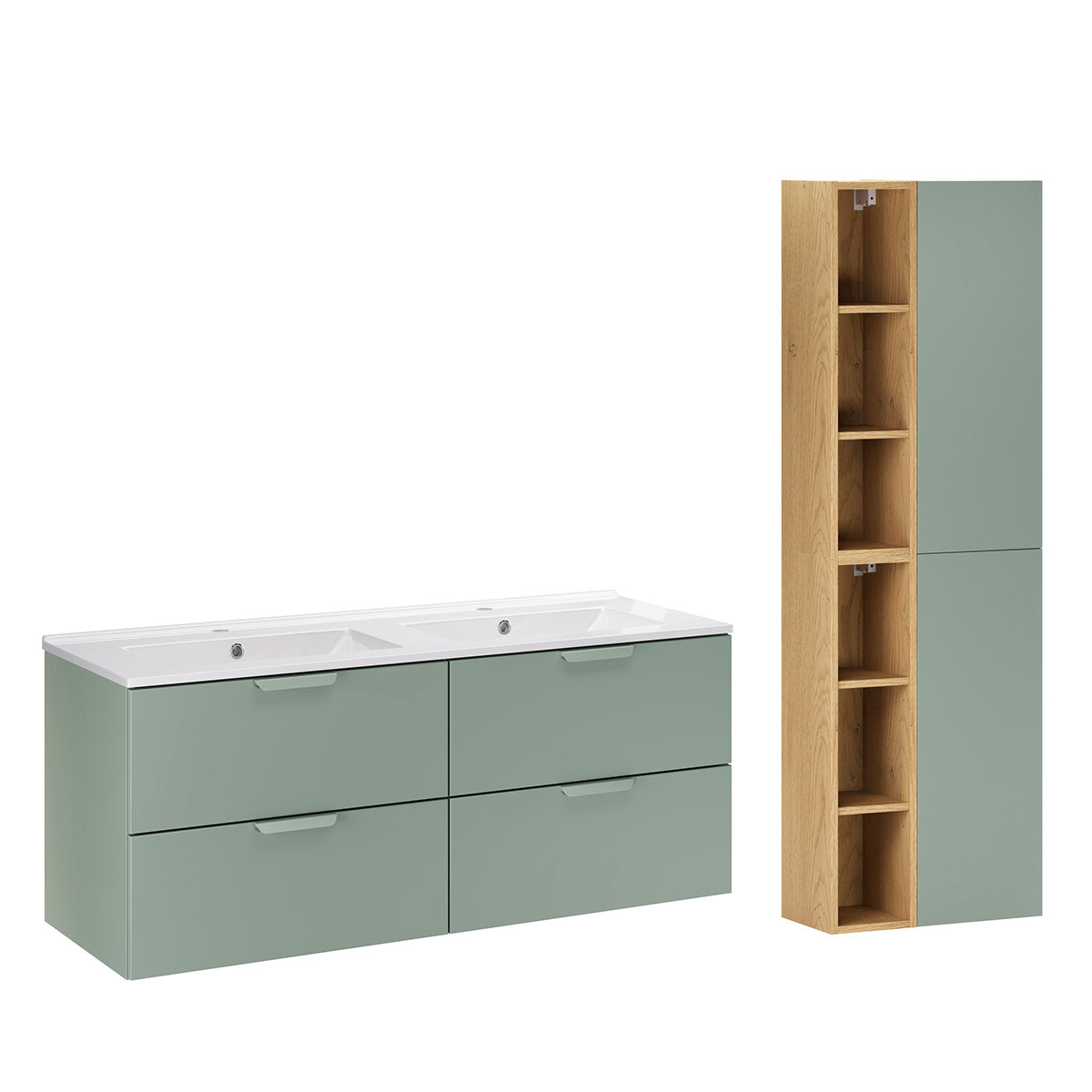 Ensemble meuble double vasque encastrée 120cm et colonne Oria Vert mat