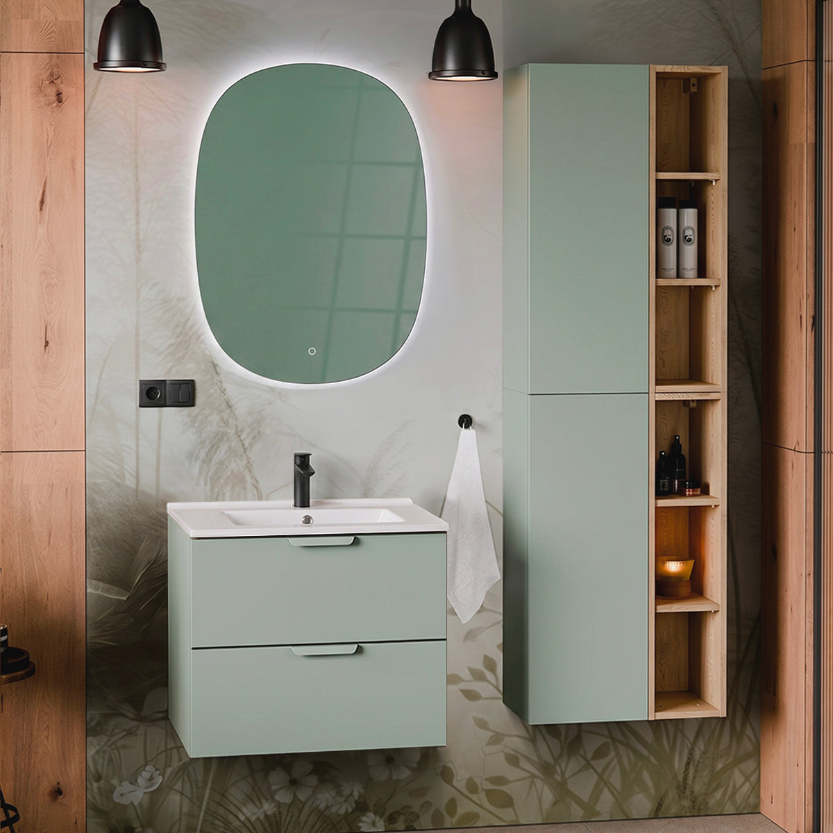 Meuble simple vasque encastrée 60cm Oria Vert mat