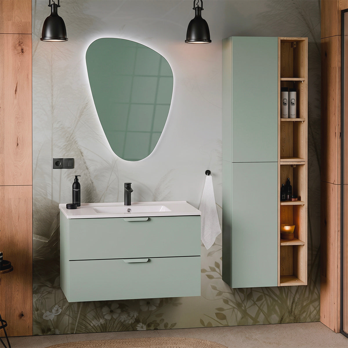 Ensemble meuble simple vasque encastrée 80cm et colonne Oria Vert mat