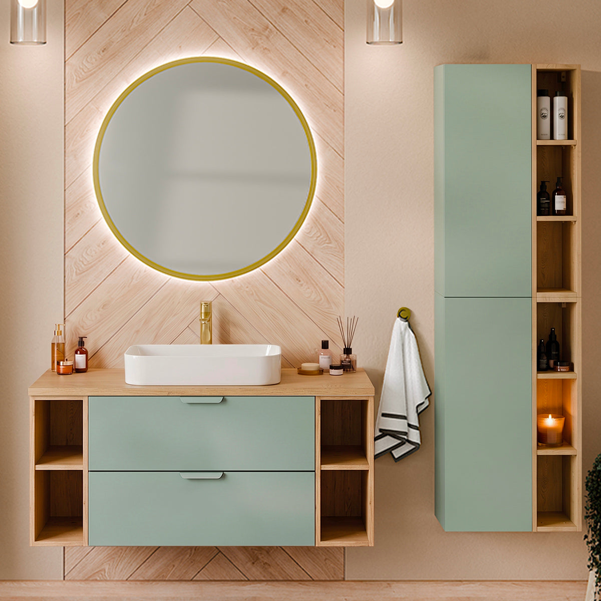 Ensemble meuble sous-vasque 120cm 4 niches et colonne Oria Vert mat