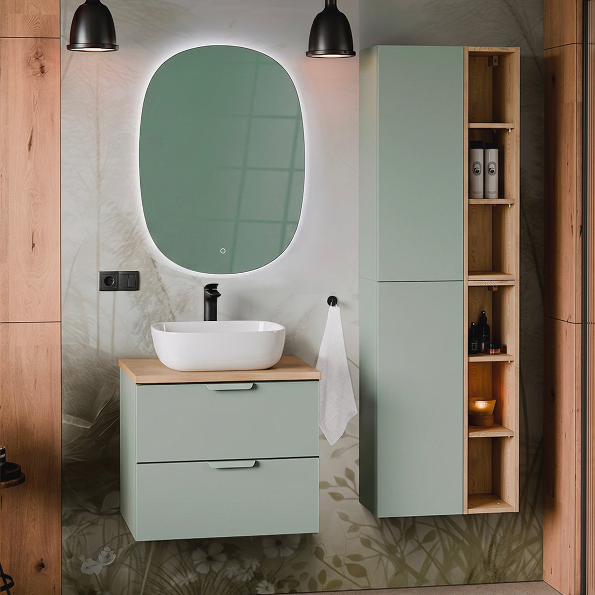 Ensemble meuble simple vasque 60cm et colonne Oria Vert mat