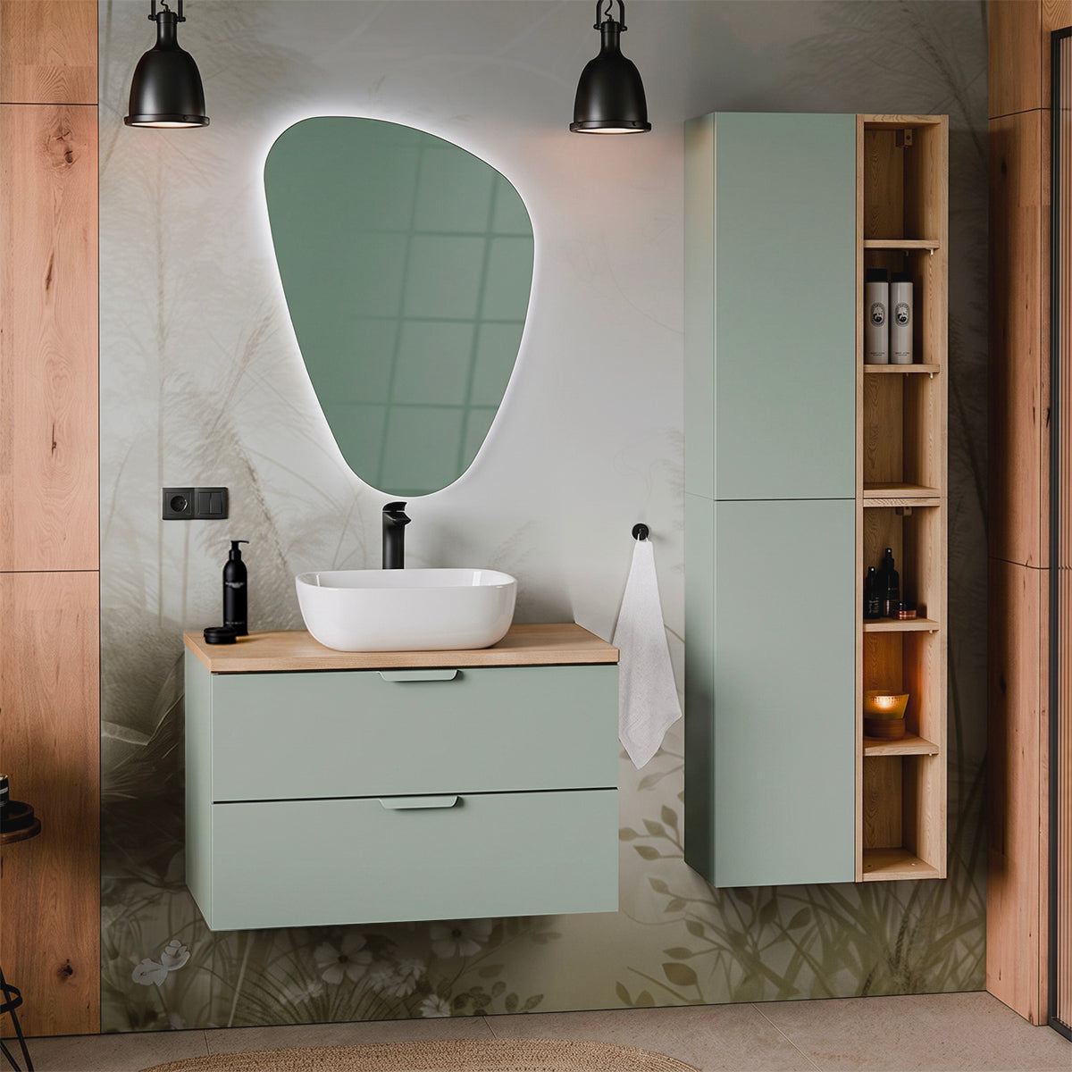 Ensemble meuble simple vasque 80cm et colonne Oria Vert mat