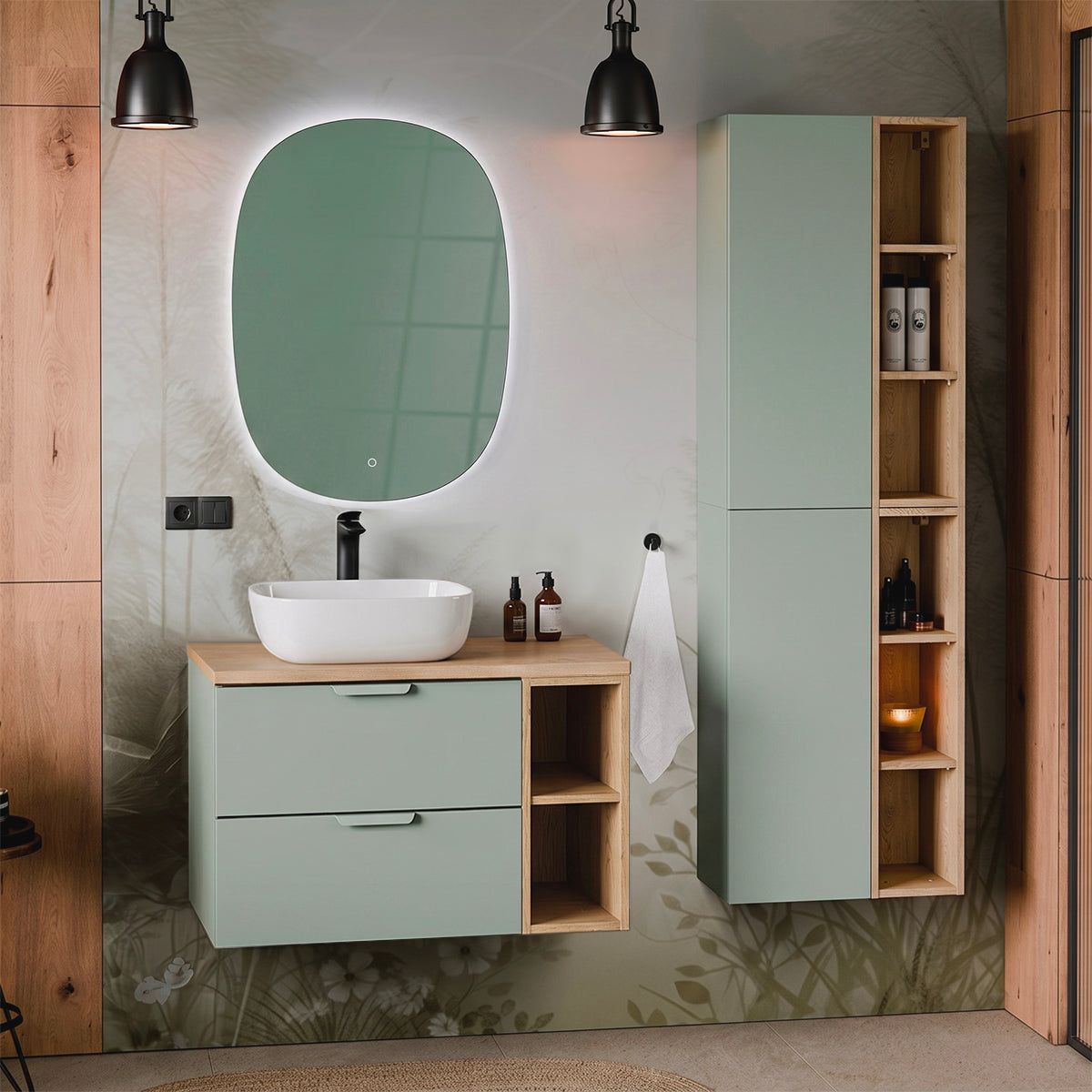 Ensemble meuble simple vasque 80cm 2 niches et colonne Oria Vert mat