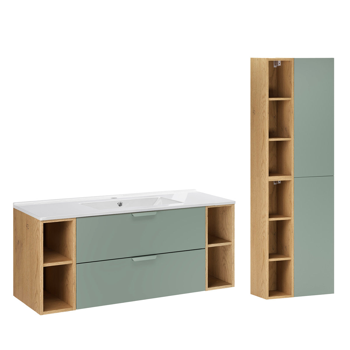 Ensemble meuble simple vasque encastrée 120cm 4 niches et colonne Oria Vert mat