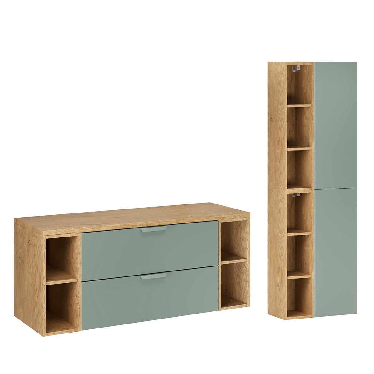 Ensemble meuble sous-vasque 120cm 4 niches et colonne Oria Vert mat